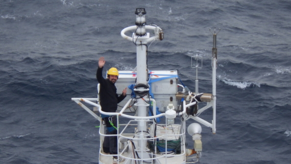 A cheerful wave from the R/V Atalante foremast.